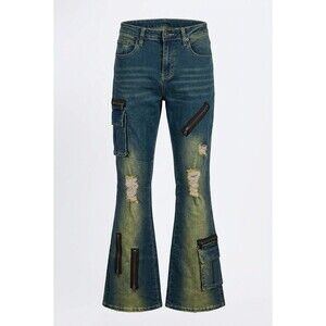 Hot Topic Destructed Zipper Flare Denim Pants Cargo Distressed Y2K Jeans Sz 9